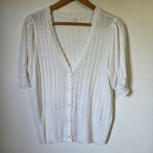 EUC MAURICES WHITE EYELET DEEP V NECK SCALLOPED BUTTONED TOP SIZE L